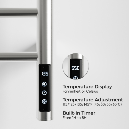 Brushed Nickel Heated Towel Rack For Bathroom,Wall Mounted With Intelligent Touch Screen Timer, 9-Bar Towel Warmer, 304 Stainless Steel Polished, Plug-In/Hard-Wired - Image 6