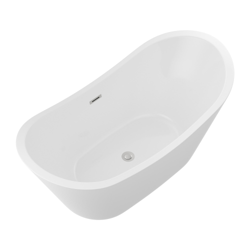 59" Acrylic Freestanding Bathtub, Stand Alone Soaking Tub, Glossy White Acrylic, Chrome Overflow & Pop-Up Drain - Image 3