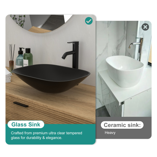 Bathroom Artistic Tempered Glass Vessel Bathroom Sink with Faucet and Pop-up Drain, Matte Black - Image 7
