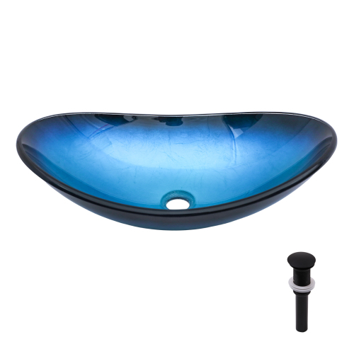 Bathroom Artistic Tempered Glass Blue Vessel Bathroom Sink Pop-up Drain, Blue Boat Shape Bathroom Sink Above Counter (no Faucet) - Image 7