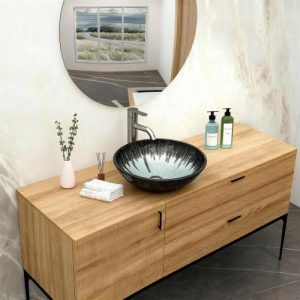 Artistic Gray Crackle Tempered Glass Vessel Sink with Pop-up Drain, Bathroom Oval Basin Tempered Glass Vanity